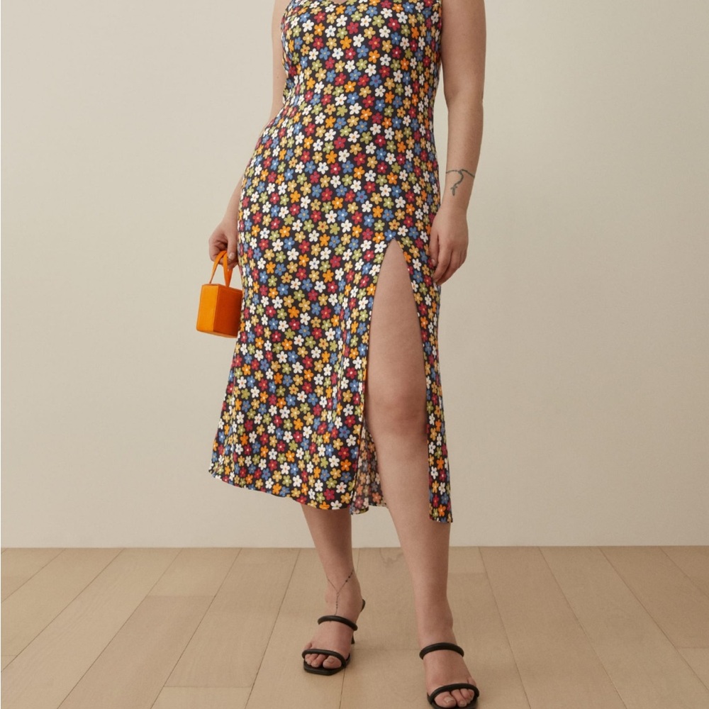 Reformation Red and Yellow Sheath Midi Dress Spaghetti Strap